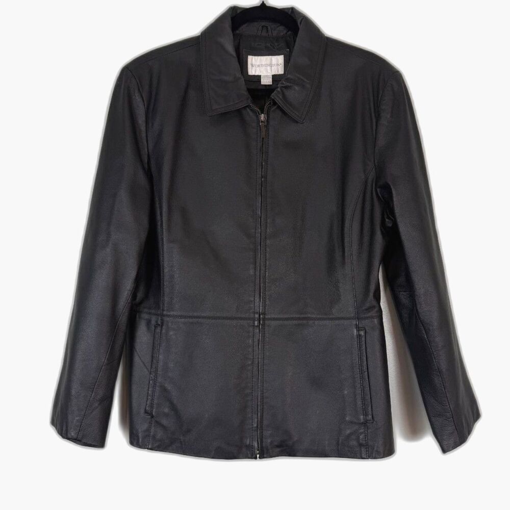 Worthington Genuine Leather Jacket Women XL Black Zip Front Classic Career Coat